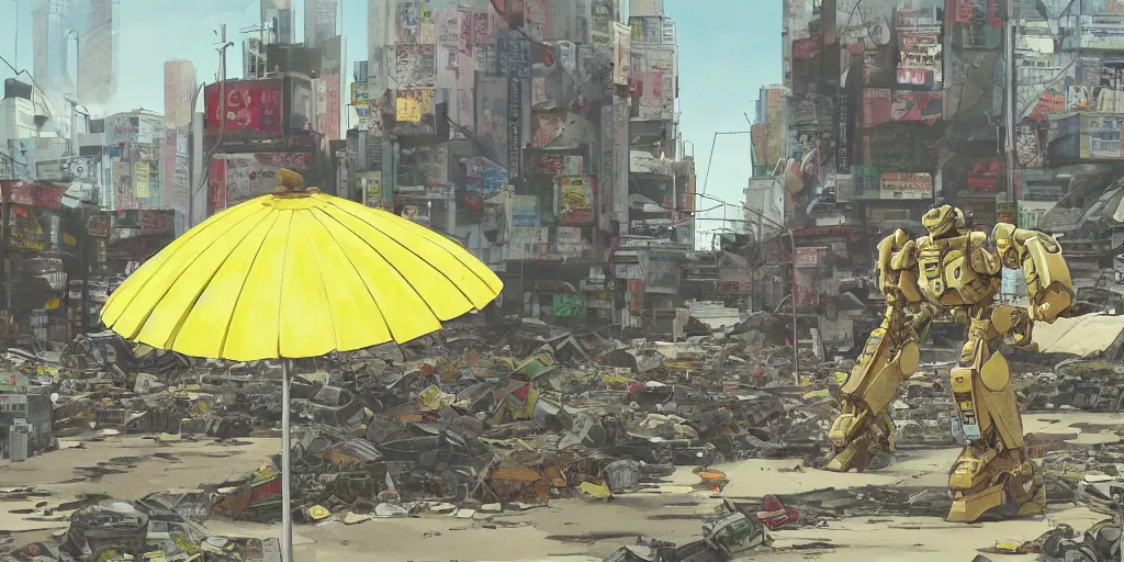 Image similar to a giant robot invasion side view, yellow parasol in deserted dusty shinjuku junk town, incredible wide screenshot, ultrawide, simple watercolor, rough paper texture, ghost in the shell movie scene, broken vending machines, bold graphic graffiti, old pawn shop, bright sun bleached ground, mud, fog, dust, windy, scary robot monster lurks in the background, ghost mask, teeth, animatronic, black smoke, pale beige sky, junk tv, texture, brown mud, dust, tangled overhead wires, telephone pole, dusty, dry, pencil marks, genius party, shinjuku, koji morimoto, katsuya terada, masamune shirow, tatsuyuki tanaka hd, 4k, remaster, dynamic camera angle, deep 3 point perspective, fish eye, dynamic scene