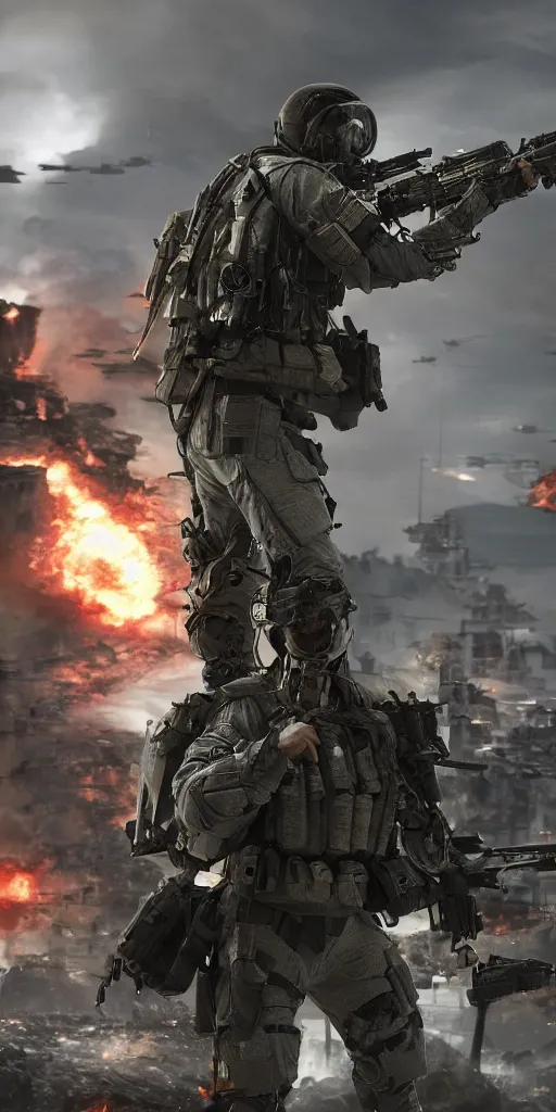 Image similar to concept art, world war iii, war scenes, special forces operations, exoskeleton armor, high - tech weapons, cyberpunk, call of duty future war, smooth lines, high detail, 8 k, octane rendering, unreal engine.