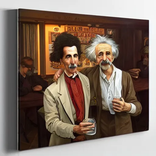 Prompt: Full colour render of albert einstein and nikola tesla drinking convivially in a cosy bierhall. 4K award winning photorealistic concept art. smooth, sharp focus, illustration, cyberpunk, dystopian by artgerm and moebius and alphonse mucha.