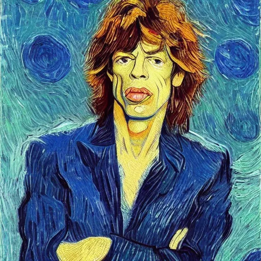 Image similar to an artistic portrait of mick jagger, attractive, rock star, high quality, studio photography, colorful, hero, heroic, beautiful, in the style of vincent van gogh