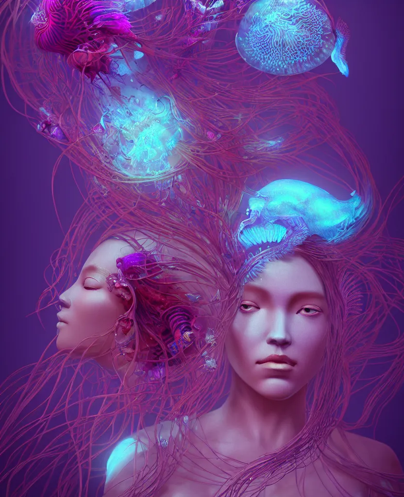 Image similar to goddess close-up portrait. orchid jellyfish phoenix head, nautilus, skull, betta fish, bioluminiscent creatures, intricate artwork by Tooth Wu and wlop and beeple. octane render, trending on artstation, greg rutkowski very coherent symmetrical artwork. cinematic, hyper realism, high detail, octane render, 8k