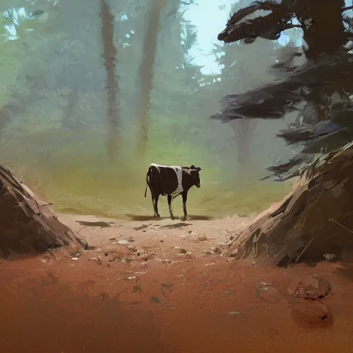 Image similar to closeup of a cow shit in the middle of the path, excrement, pinewoods, avila mountains. by craig mullins, steve purcell, ralph mcquarrie. trending on artstation. fashion, centered image