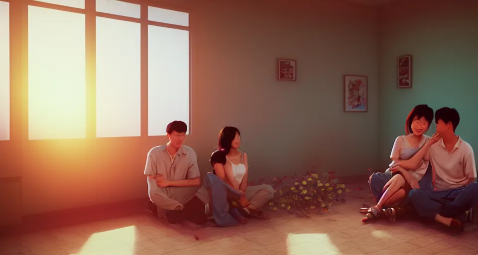 Image similar to 1 9 9 3, disposable camera, flash, pov, wide shot of asian couple hugging at each other, sitting in rural living room, group of mechanical fans placing around the room, day light, colorful mood, high details, octane render, 8 k