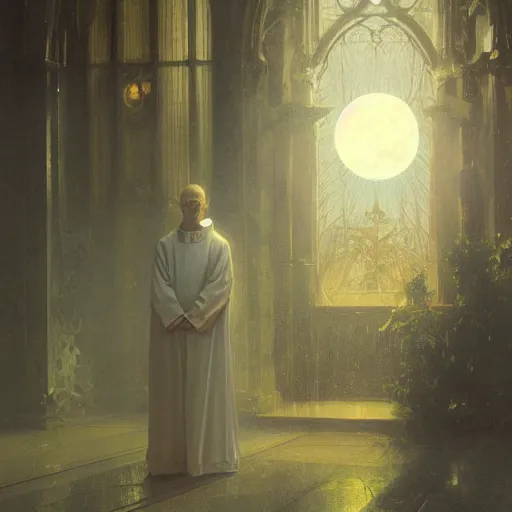Prompt: a terrified catholic priest, full moon in the background, rainy atmosphere, natural volumetric light, intricate, highly detailed, digital painting, artstation, concept art, sharp focus, illustration, SFW, art by greg rutkowski and alphonse mucha