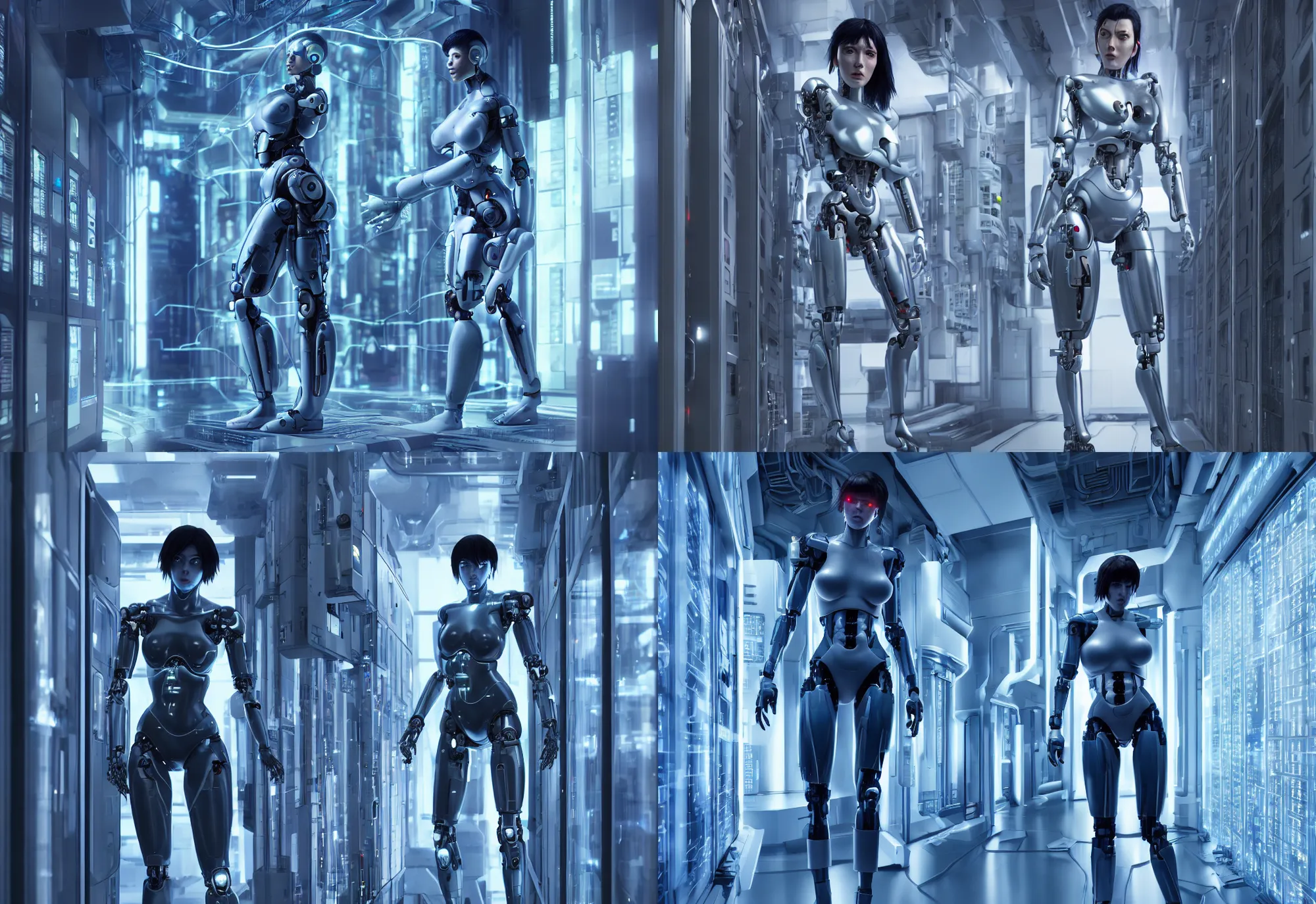 Prompt: female cyborg in data center, whole body, whole figure, character design, proportional human body, cinematic realistic, detailed, composition, hyper realistic, extreamly detailed octane render 8 k by ghost in the shell