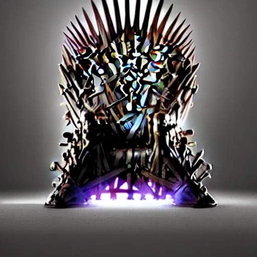 Image similar to a photorealistic render of the iron throne as a modern video gaming chair, led lights, glowing desktop pc, 8 k, artstation, volumetric lighting, smooth, highly detailed, octane render, by andres rocha and albert bierstadt and greg rutkowski