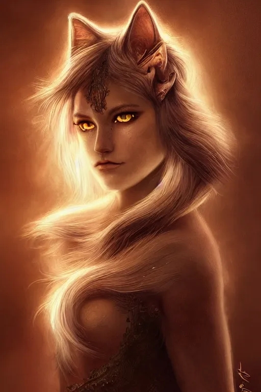 Prompt: majestic and regal portrait of a beautiful young cat girl!!, cat ears, tail, intricate, epic, elegant, menacing, fantasy, highly detailed, digital painting, hard focus, beautiful volumetric lighting, epic light, ultra detailed, souls, smoke, by leesha hannigan, ross tran, thierry doizon, kai carpenter, ignacio fernandez rios