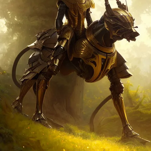 Image similar to photo of a humanoid ant - eater dressed in armor with a golden helmet on the head, hold sword in the forest, highly detailed, digital painting, artstation, smooth, sharp focus, illustration, art by artgerm and greg rutkowski and alphonse mucha