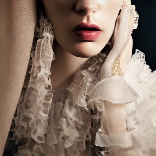 Prompt: stunning close up portrait of a woman from a fashion model with large prada dress in parisian luxury studio decorated, official prada editorial, by Hendrik Kerstens, highly detailed