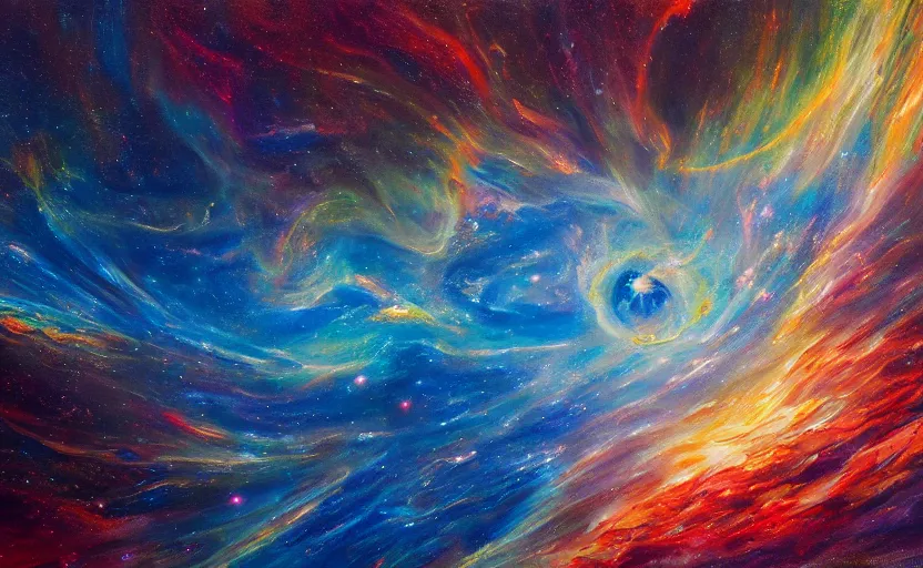 Image similar to an abstract oil painting of an unbelievably beautiful space nebula; swirling sheets of light and fire; hyper-detailed; an extraordinary masterpiece!!!; flawless; trending on artstation