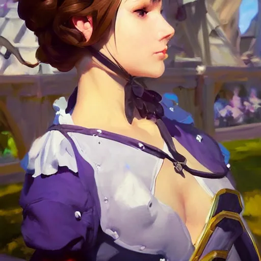 Image similar to greg manchess portrait painting of violet evergarden as overwatch character, totally whack, medium shot, asymmetrical, profile picture, organic painting, sunny day, matte painting, bold shapes, hard edges, street art, trending on artstation, by huang guangjian and gil elvgren and sachin teng