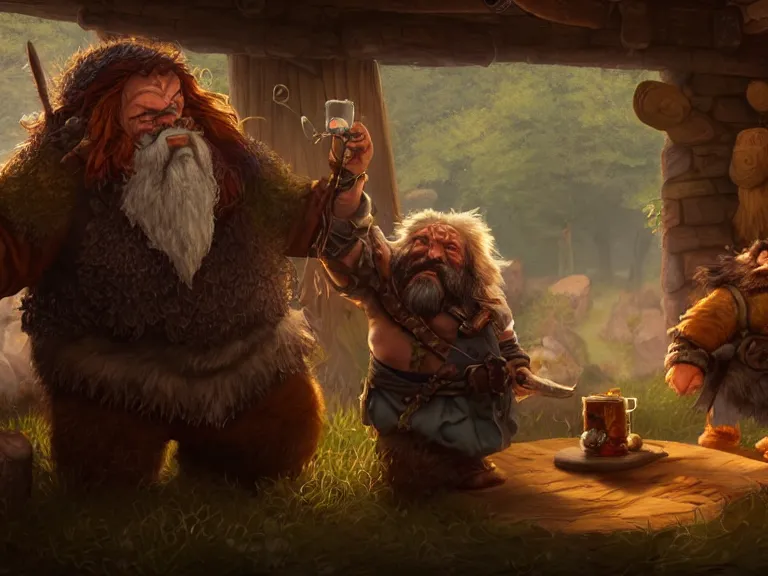 Image similar to Drunk Dwarf Druid and his Bear start a fight at the Tavern, RPG Portrait, Oil Painting, Trending on Artstation, octane render, Insanely Detailed, 8k, HD