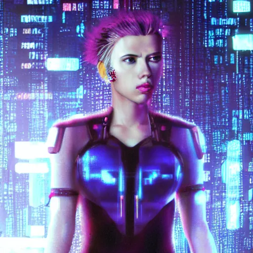 Image similar to Scarlett Johansson as a cyberpunk girl portrait with depth of field inspired by ghost in the shell