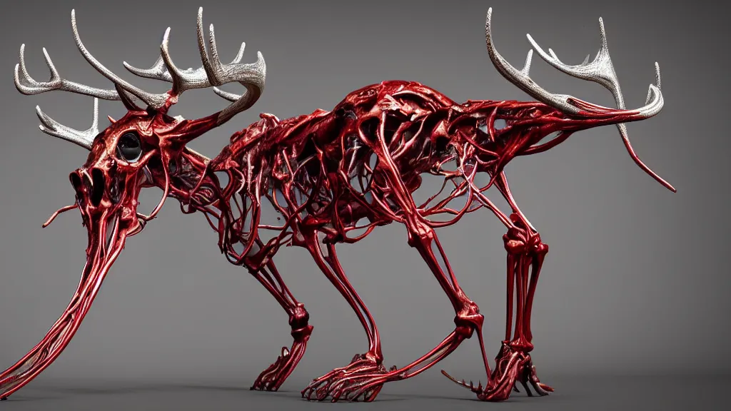 Image similar to stylized shiny polished silver statue full body bizarre extra limbs cosmic horror quadruped animal moose deer skull four legs made of creature tendrils perfect symmetrical body perfect symmetrical face hyper realistic hyper detailed by johannen voss by michelangelo octane render blender 8 k displayed in pure white studio room anatomical deep red arteries veins flesh animatronic