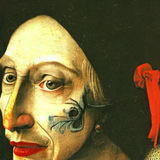 Image similar to close up on queen elizabeth face painted as a poor beggar by hieronymus bosch