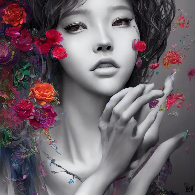 Prompt: studio portrait absurdly beautiful, elegant, lovely, young hypercolorful sensual anime teen rubies red petals gems, ultrafine hyperrealistic detailed face illustration by kim jung gi, irakli nadar, intricate linework, sharp focus, bright colors, matte, octopath traveler, final fantasy, unreal engine highly rendered, global illumination, radiant light, intricate rainbow environment