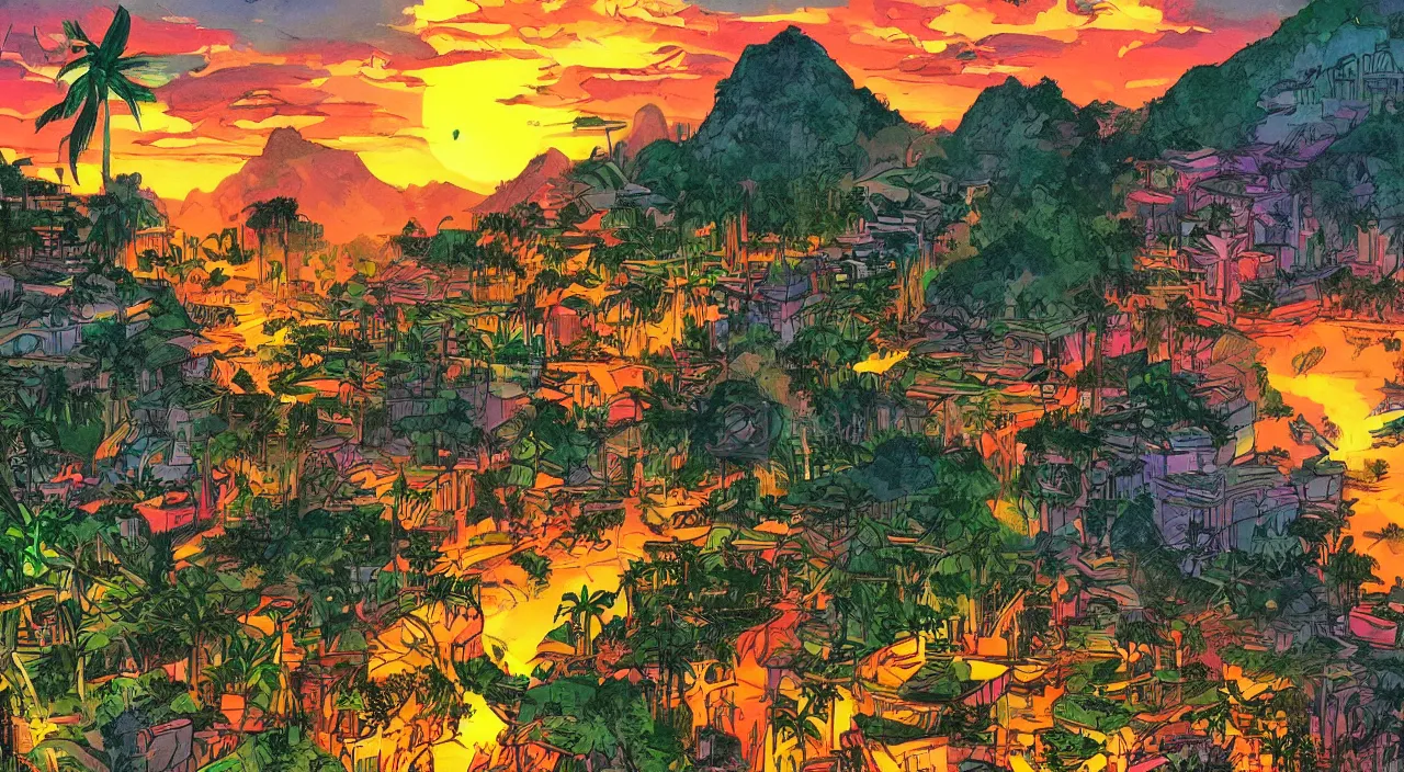 Image similar to saigon jungle mountains sunset sky rice patties beautiful artstation 4 k breathtaking illustration cartoon by jack kirby