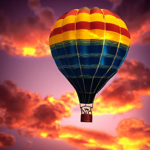 Image similar to steampunk hot air balloon, skimming on top of clouds, intricate, sunset, beautiful composition. 3 d render