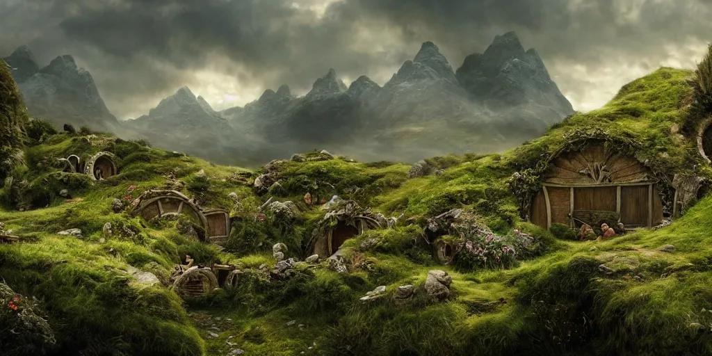 Image similar to beautiful matte painting of the hobbit shire by weta workshop 4 k, cinematic dramatic atmosphere, dramatic lighting