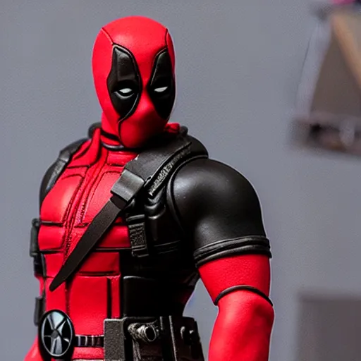 Image similar to wade wilson claymation, deadpool, action scene, explosions, cinematic, volumetric lighting