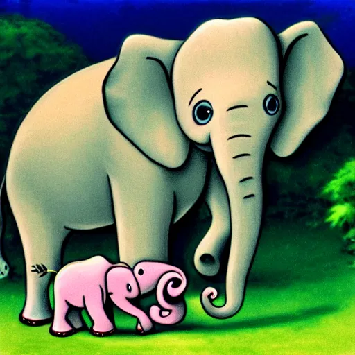 Image similar to cute cartoon mama elephant hugging baby elephant in the Indian jungle, Ghibli