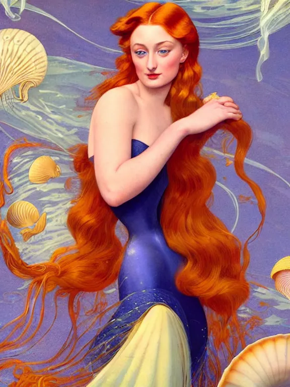 Image similar to Sophie turner as the little mermaid, a beautiful art nouveau portrait by Gil elvgren, beneath the ocean waves glowing jellyfish environment, centered composition, defined features, golden ratio, intricate seashell jewelry that glows