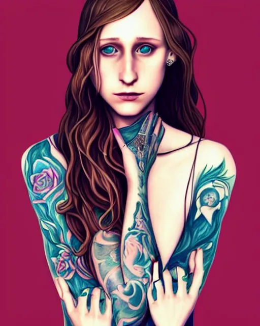 Image similar to beautiful woman Taissa Farmiga with full sleeve tattoos and neck tattoo, symmetrical face, portrait, Charlie Bowater character art, cool color palette