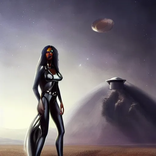 Image similar to pleiadian woman with big eyes and long silver hair wearing a dark body suit and holding a plasma gun standing in barren fields, cinematic, ultra detailed, art by greg rutkowski