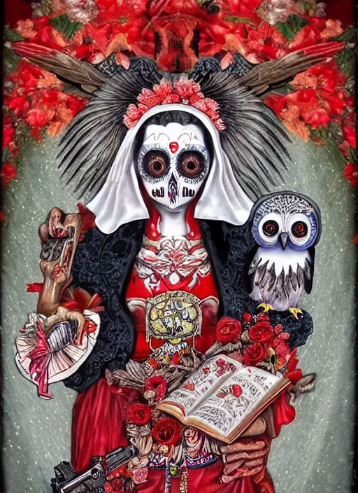 Prompt: masterpiece of Santa muerte with a book in her hand, her owl on her shoulder, and all around there are red and white flowers, guns and ammunitions offered by devotees + no crop, digital visionary art, extremely high detail, post processed,