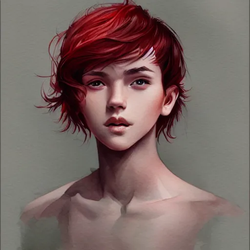 Image similar to young boy, red hair, gorgeous, amazing, elegant, intricate, highly detailed, watercolor digital painting, artstation, concept art, sharp focus, illustration, art by Ross tran