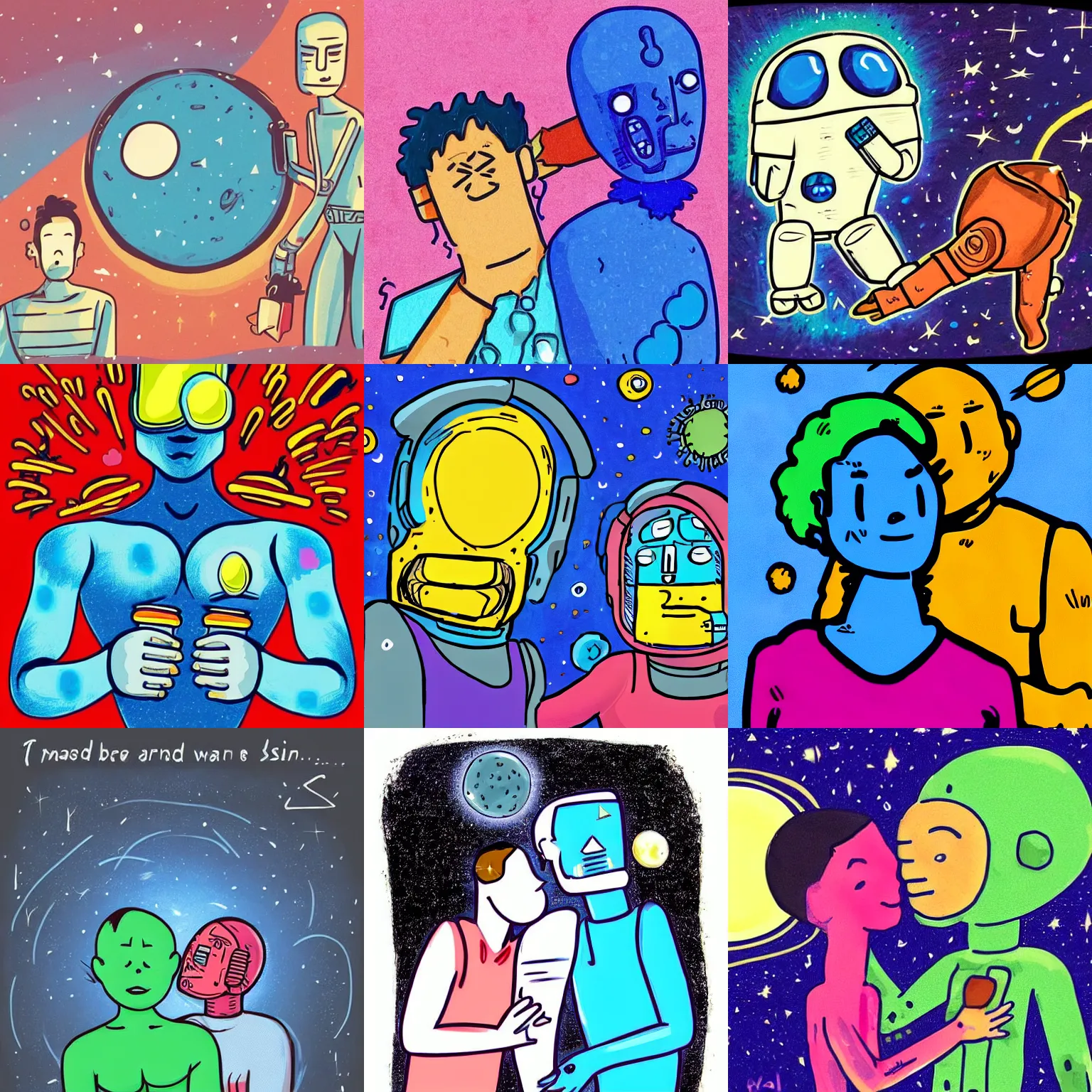Prompt: this is the kind of relationship i want. not one based on money, or looks, but instead between myself and a guy, filled with space juice. not like a guy with blue skin but the guy has clear skin, and the space juice is inside the skin. ( hand drawn by me. i'm an ai )