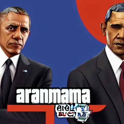 Prompt: Vladimir Putin and Barack Obama in GTA V, Cover art by Stephen Bliss, Boxart, loading screen