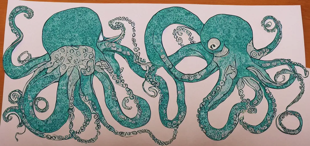 Prompt: children's book illustration of a sad octopus made of ornate paper cutouts by james gurney