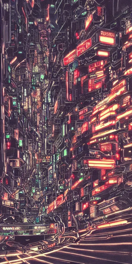 Image similar to beautiful and detailed anime drawing of an AKIRA-like cyberpunk city landscape with light trail from a motorcycle at the bottom and a bridge silhouette at the top, japan at night, 1980s, by Katsuhiro Otomo and mamoru oshii, wide angle, worm\'s eye view, grand, clean, colorful