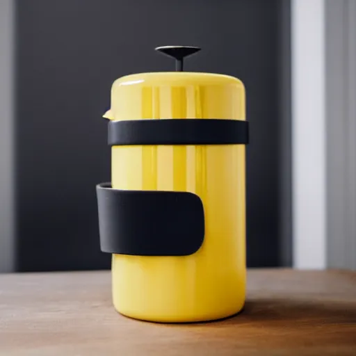 Image similar to yellow coffee mug that looks like a rimowa portmanteau, steaming coffee