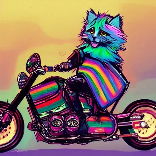 Image similar to wide angle full body, jacket wearing fluffy cute rainbow kitten wearing a black leather motorcycle jacket, riding on a motorcycle, cinematic concept art