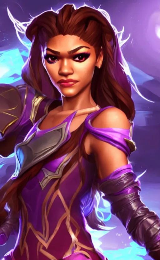 Prompt: Zendaya as a character in the game League of Legends, with a background based on the game League of Legends, detailed face, old 3d graphics