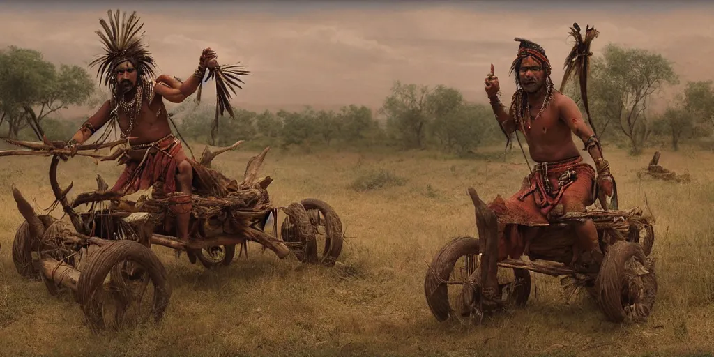 Prompt: photorealistic photo of an ancient indian tribesman on ancient makeshift atv with big wooden puffy wheels, hunting buffalo herd ,attacking, chase, action scene, an epic fantasy, dramatic lighting, cinematic, establishing shot, extremely high detail, photorealistic, cinematic lighting, artstation, octane render, by simon stalenhag, horizon forbidden west,old photo, high speed photography, vintage,