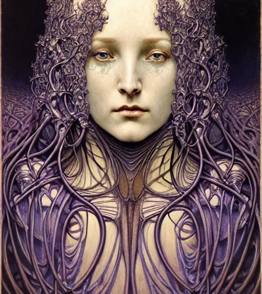 Prompt: detailed realistic beautiful young medieval alien queen face portrait by jean delville, gustave dore and marco mazzoni, art nouveau, symbolist, visionary, gothic, pre - raphaelite, iridescent fractal details. horizontal symmetry by zdzisław beksinski, iris van herpen, raymond swanland and alphonse mucha. highly detailed, hyper - real, beautiful