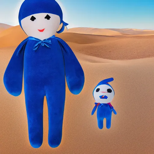 Image similar to blue'snappy gifts'human - sized plush doll, in the desert, holding gift, happy atmosphere, high detail, 8 k