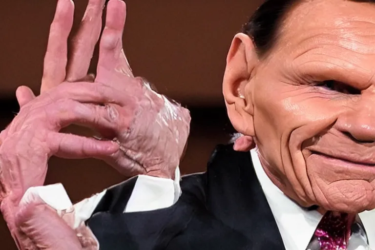 Image similar to kenneth copeland transforming into satin leaked photo, ultra realistic