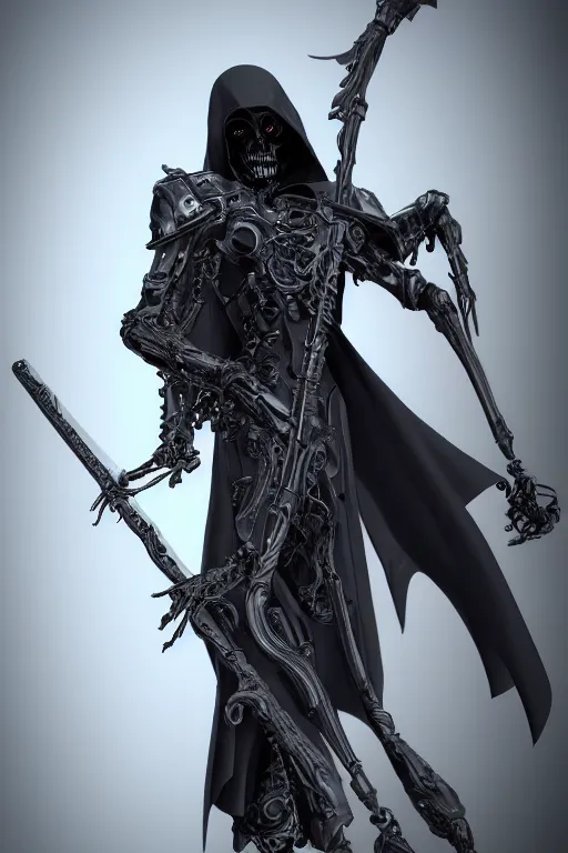 Prompt: Cybernetic Grim Reaper, dark cloak, holding a scythe, 8k octane rendered, photo realistic, highly detailed, intricate