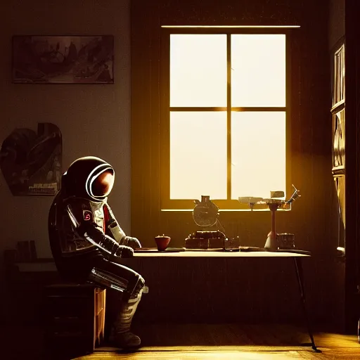 Prompt: a single cosmonaut in a spacesuit drinks a steaming cup of tea at an old wooden desk in a richly decorated Victorian house. the autumn light comes in through a window and dimly illuminates the room, diffuse light, octane render