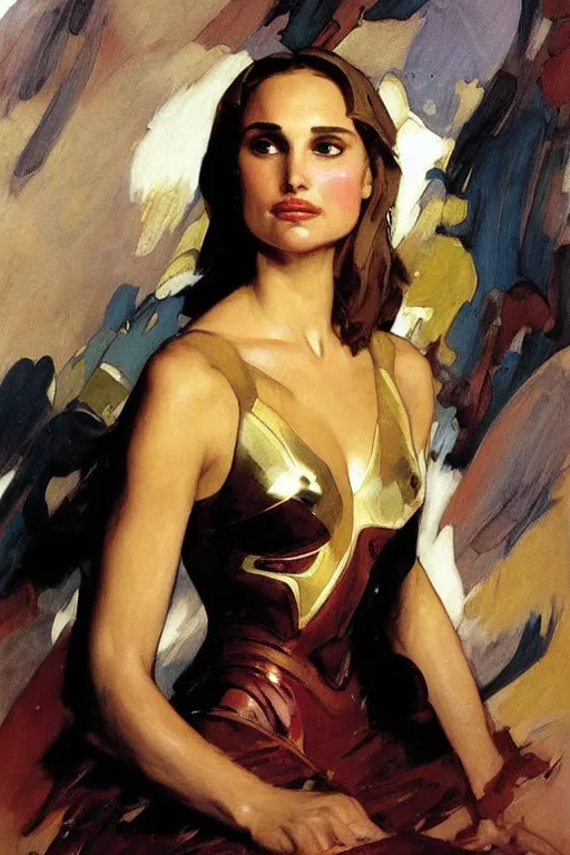 Prompt: elegant portrait of natalie portman as iron man by greg manchess, mucha, william adolphe bouguereau, john singer sargent, sorolla, winslow homer, dean cornwell, james gurney, daniel gerhartz