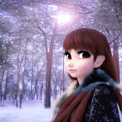 Prompt: portrait focus of angry beautiful 3 d anime girl posing, frozen ice dark forest background, snowing, bokeh, inspired by masami kurumada, octane render, volumetric lighting