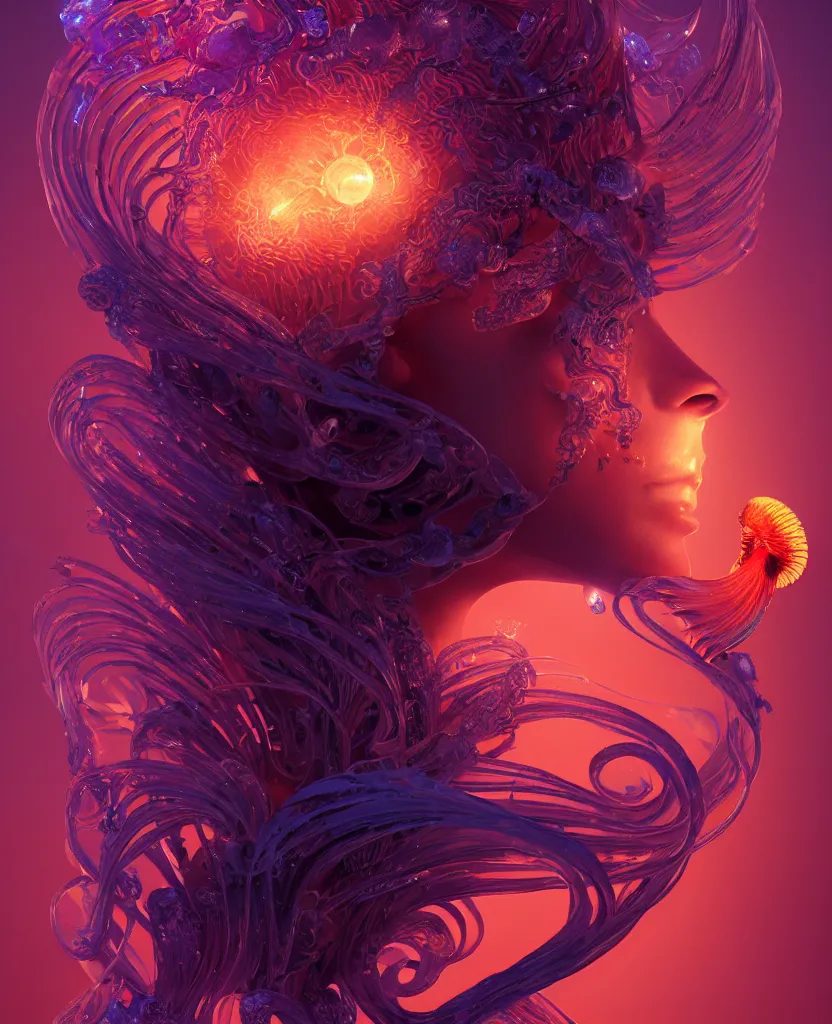 Image similar to goddess close-up face portrait. chimera orchid jellyfish phoenix head, nautilus, skull, betta fish, bioluminiscent creatures, intricate artwork by Tooth Wu and wlop and beeple. octane render, trending on artstation, greg rutkowski very coherent symmetrical artwork. cinematic, hyper realism, high detail, octane render, 8k