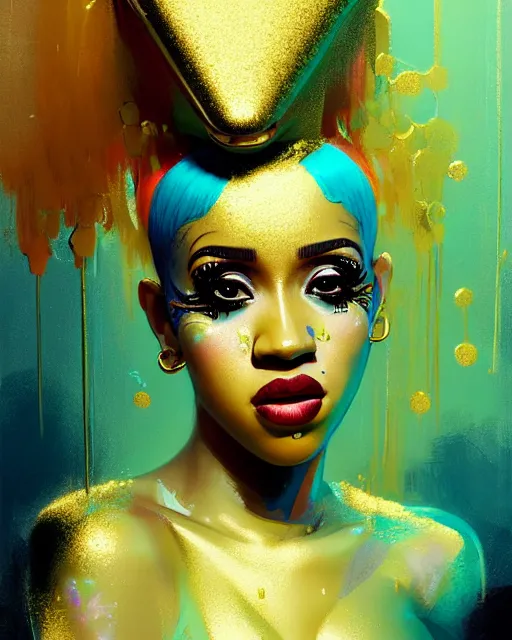 Prompt: Cardi B bathing in a gold tub, futuristic neon, decorated with traditional Japanese ornaments by Ismail inceoglu dragan bibin hans thoma greg rutkowski Alexandros Pyromallis Nekro Rene Maritte Illustrated, Perfect face, fine details, realistic shaded, fine-face, pretty face