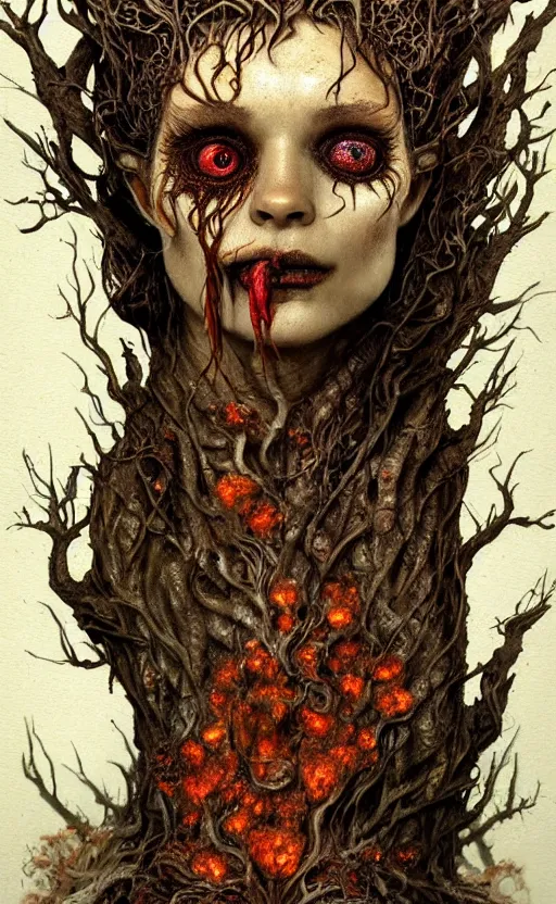 Image similar to portrait of a rotten tree spirit dryad with a beautiful face and flaming mouth and eyes, intricate, headshot, mushrooms, fungi, lichen, sketch lines, graphite texture, old parchment, guillermo del toro concept art, justin gerard monsters, intricate ink illustration, artstation