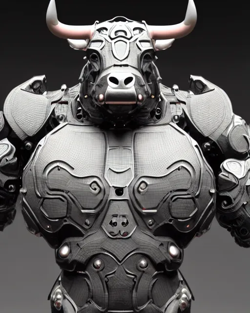 Prompt: a full body shot of a imposing cyborg ( bull ) modeled after a bull with open eyes looking into the camera, intricate pattern, hard rubber chest, highly detailed, android, cyborg, full body shot, intricate, 3 d, symmetrical, octane render, fantasy, highly detailed, digital art, artstation, strong bokeh