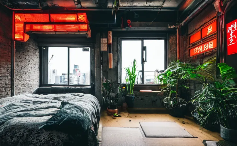 Prompt: maximalist interior of a japanese bedroom, concrete, cyberpunk, japanese neon signs, retro futuristic, old brick walls, bed, cupboards, rough wood, grey, anthracite, turquoise, akihabara style, swedish style, green plants, window with a view of apartment blocks, 8K